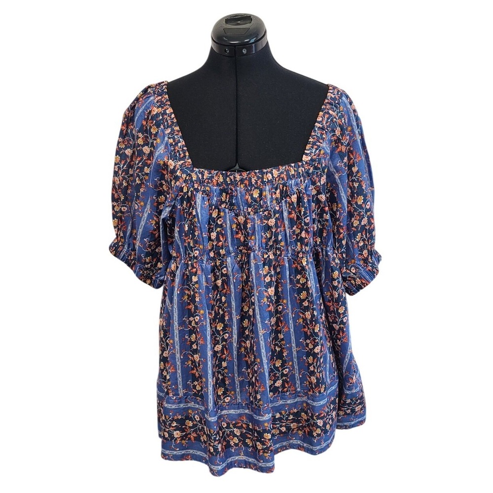 Free People Vintage Lover Dutch Blue Combo Floral Print Puff Sleeve Blouse S/M